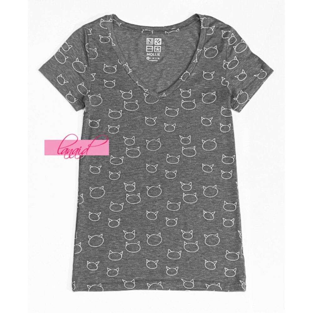 PacSun Nollie Cat Outline V-Neck Tee Grey Short Sleeve Kitty Animal Stretchy Top